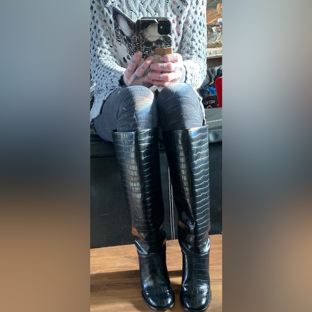 H&M Black Croc-Embossed Heeled Boots
